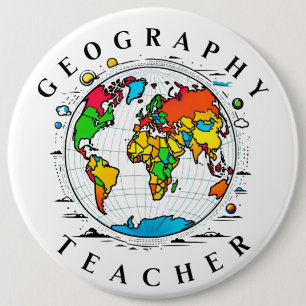 Geography Teacher Round Badge with Colorful Globe