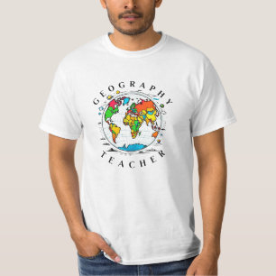 Geography Teacher text with Colorful Globe Graphic T-Shirt