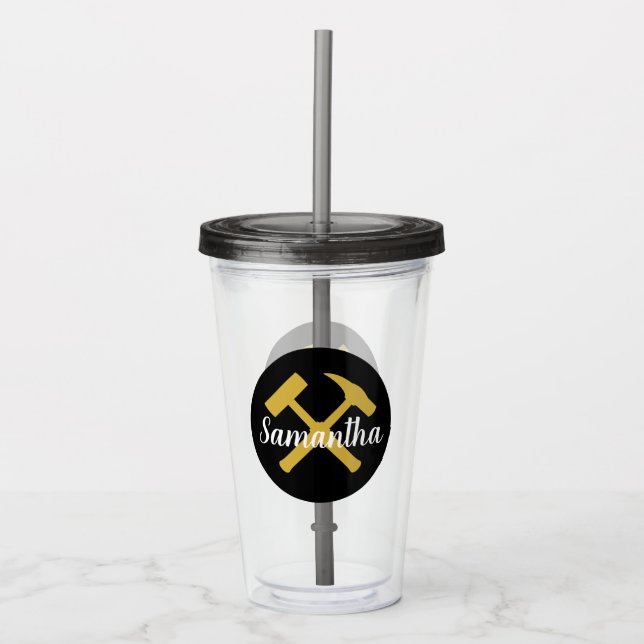 Geologist's Rock Hammer and Personalised Name Acrylic Tumbler (Front)