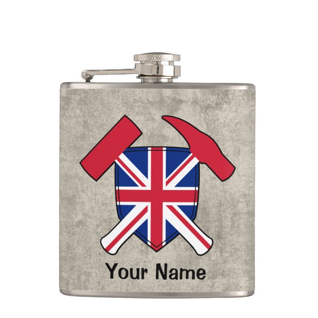 Geologist's Rock Hammer and Union Jack Logo Hip Flask (Front)