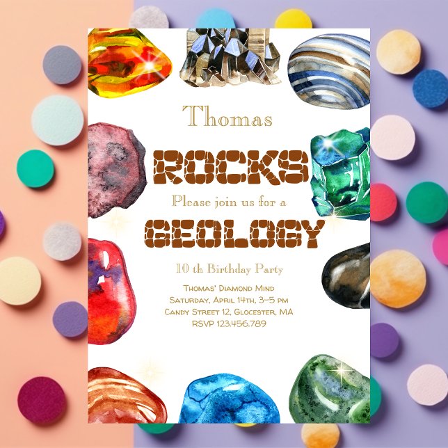 Geology birthday party rocks gemstone invitation (Creator Uploaded)