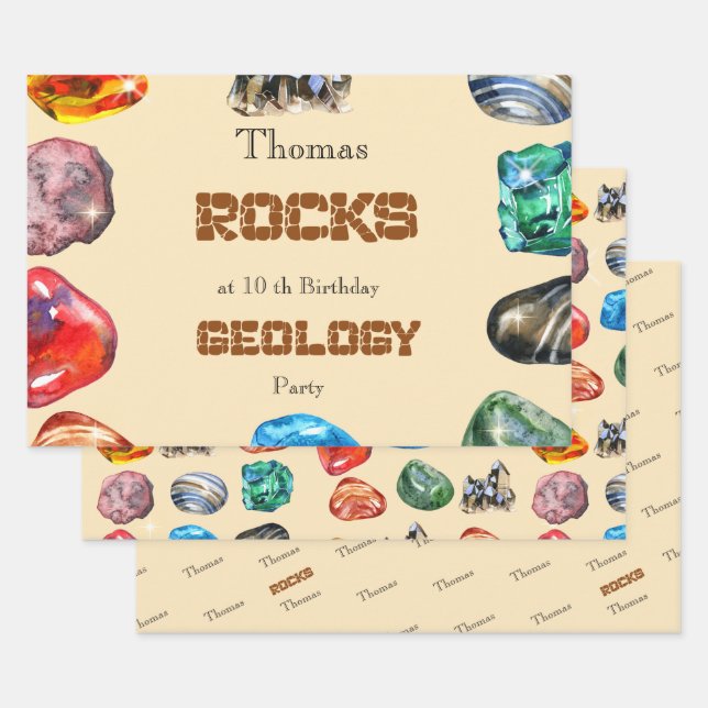 Geology birthday party rocks gemstone wrapping paper sheet (Set)