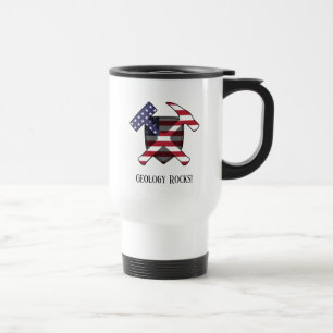 "Geology Rocks" American Flag Crossed Hammer Logo Travel Mug