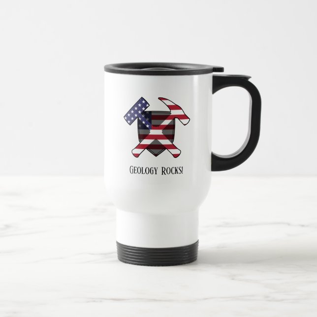"Geology Rocks" American Flag Crossed Hammer Logo Travel Mug (Right)