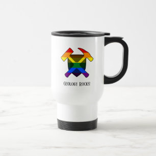 "Geology Rocks" LGBT Rainbow Flag Hammer Logo Travel Mug