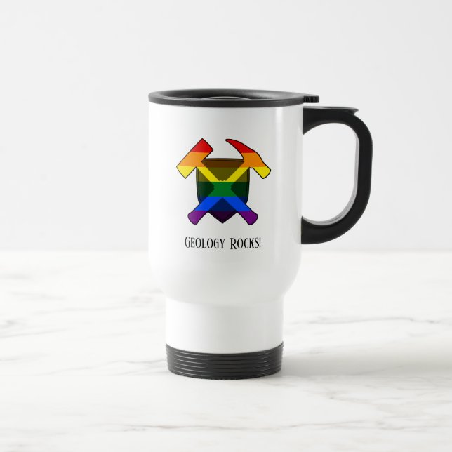 "Geology Rocks" LGBT Rainbow Flag Hammer Logo Travel Mug (Right)