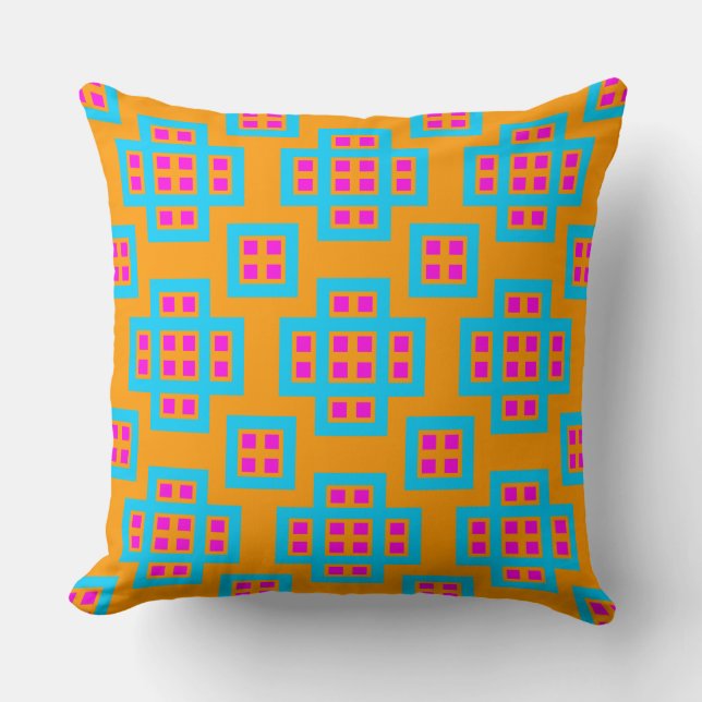Geometric 030614 - Sky Blue and Magenta on Orange Cushion (Front)
