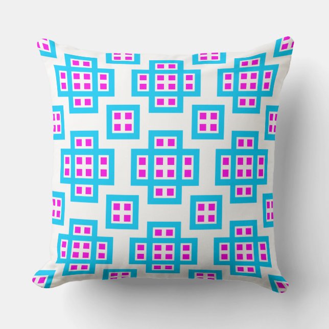 Geometric 030614 - Sky Blue and Magenta on White Cushion (Front)