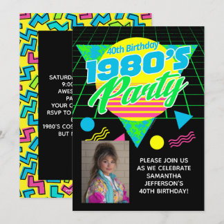 Geometric 1980s 80s 40th Photo Birthday Party Invitation