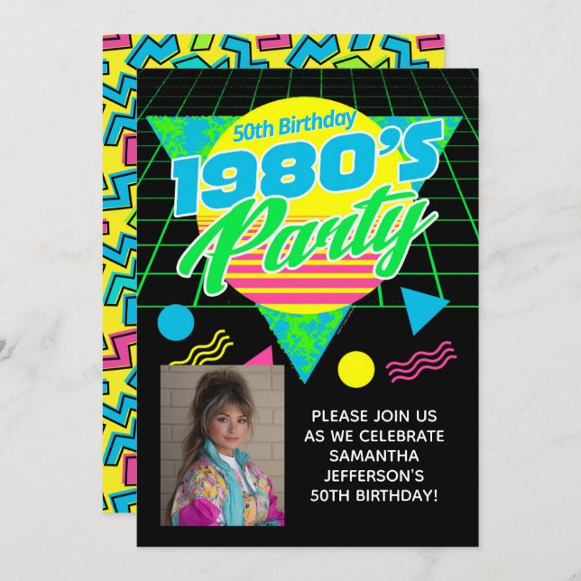 Geometric 1980s 80s 50th Photo Birthday Party Invitation (Front/Back)