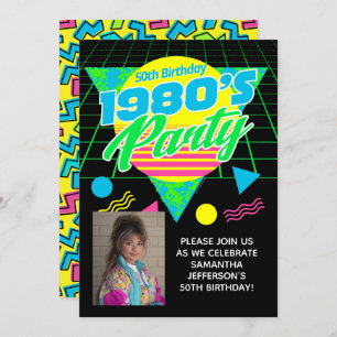 Geometric 1980s 80s 50th Photo Birthday Party Invitation