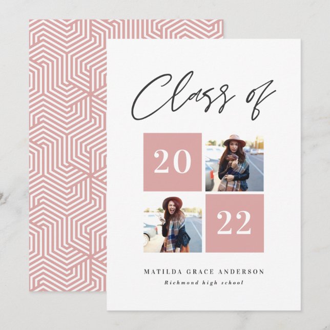 Geometric 2 photo typography pink girly graduation announcement (Front/Back)