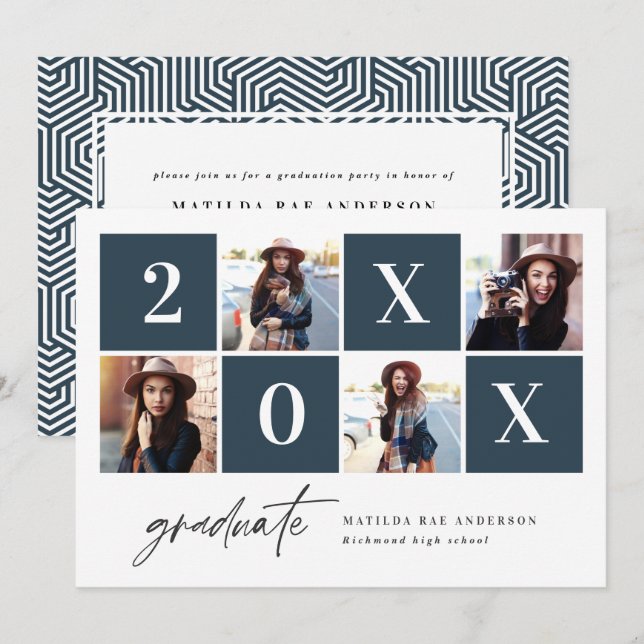 Geometric 4 photo typography graduation party  announcement (Front/Back)