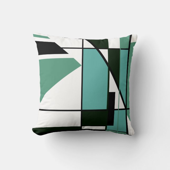 Geometric Abstract Art Mosaic in Green White Black Cushion (Front)
