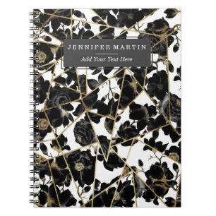 Geometric Abstract Black Floral Gold Triangles Notebook