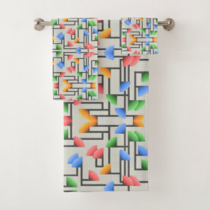 Geometric Abstract, Blue, Gold, Coral, Green Bath Towel Set