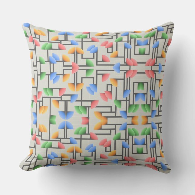 Geometric Abstract, Blue, Gold, Coral, Green Cushion (Front)