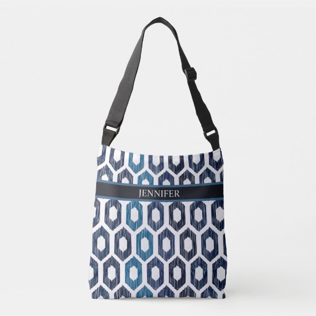 Geometric Abstract Blue Pattern Personalised Name Crossbody Bag (Front)