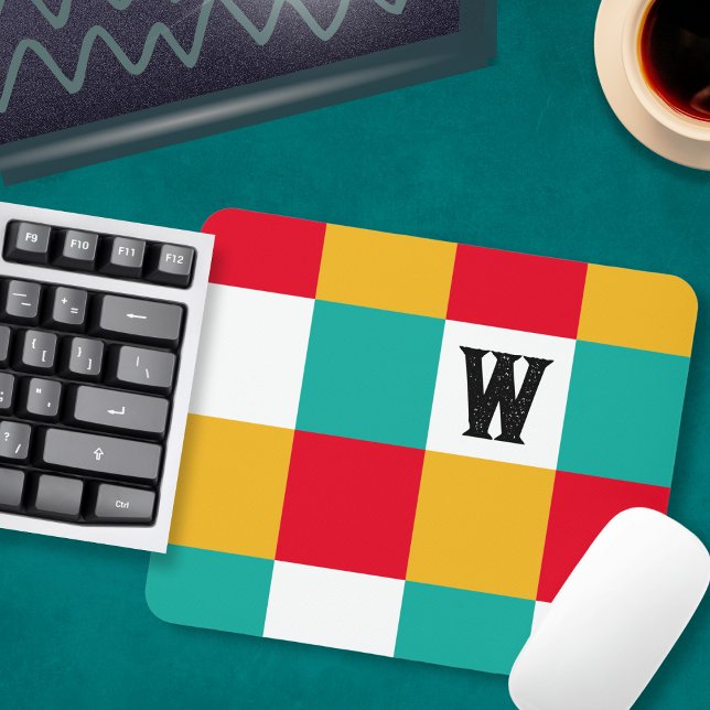 Geometric Abstract Colourful Personalised Monogram Mouse Pad (A colorful monogrammed mouse mat, with a geometric pattern of squares in teal, red, yellow and white)