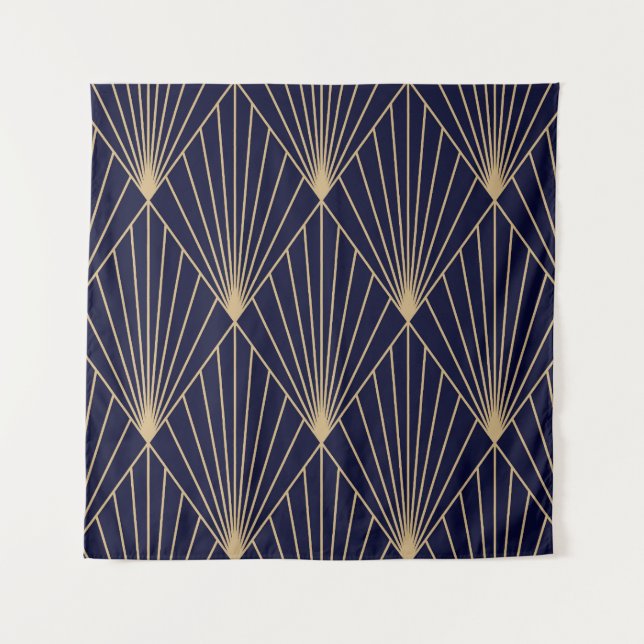 Geometric Abstract Dark Blue Gold Tapestry (Front)