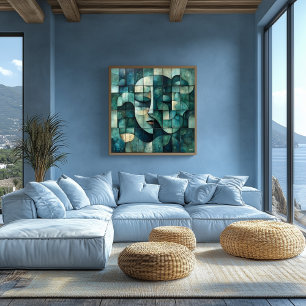 Geometric Abstract Face Art – Teal and Blue Wall Poster