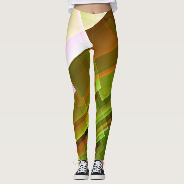 Geometric abstract orange green pattern leggings (Front)