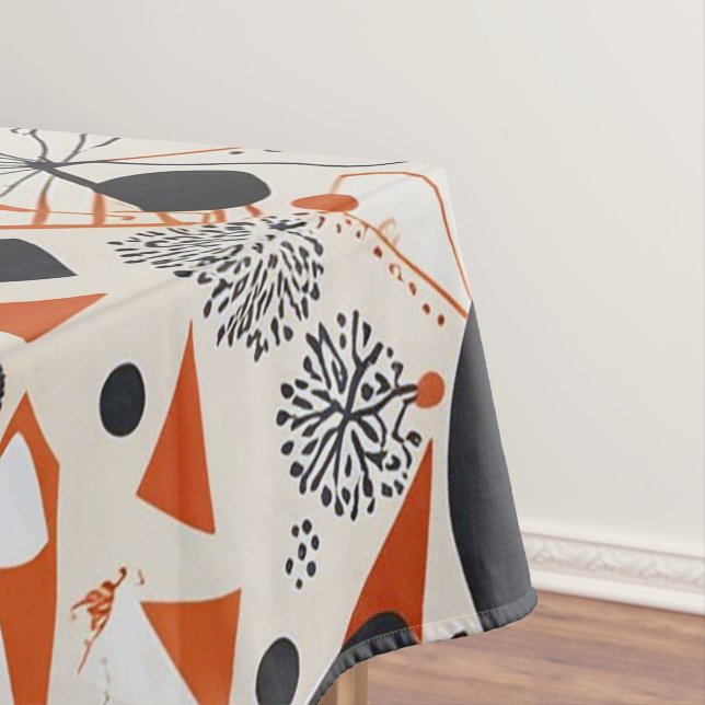 Geometric abstract pattern in coral, red & ivory 1 tablecloth (In Situ)