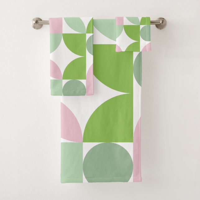 Geometric Abstract Pattern Pink and Green Bath Towel Set (Insitu)