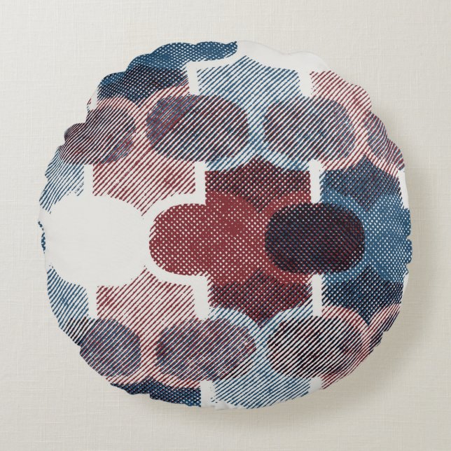 Geometric Abstract Red Blue Pattern Round Cushion (Front)