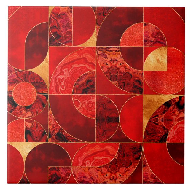 Geometric Abstract - Red textures and Gold Ceramic Tile (Front)