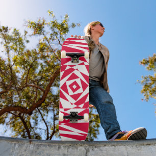 Geometric Abstract White & Red Illusion Skateboard