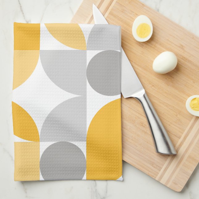 Geometric Abstract Yellow Grey Mid Century Modern Tea Towel (Quarter Fold)