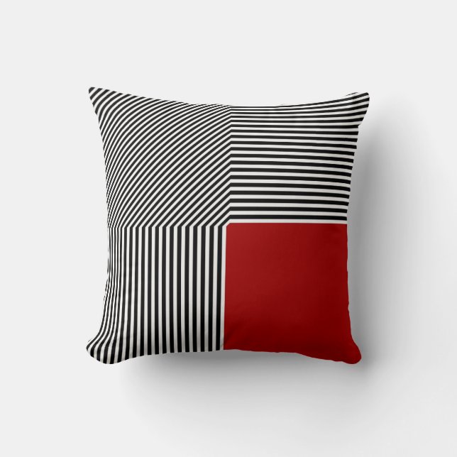 Geometric abstraction, B/W stripes red square Cushion (Front)