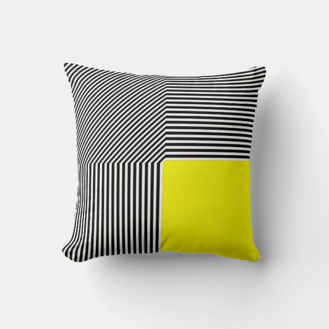 Geometric abstraction, B/W stripes yellow square Cushion (Front)