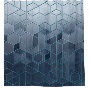 Geometric abstraction of hexagons on a blue relief shower curtain