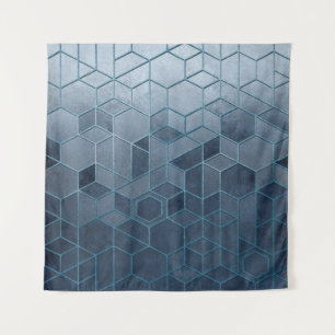 Geometric abstraction of hexagons on a blue relief tapestry