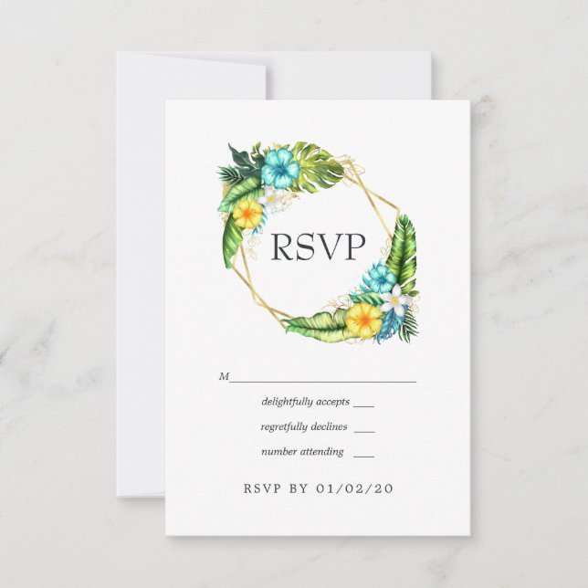 Geometric Aloha Tropical Summer Beach Wedding RSVP Card (Front)