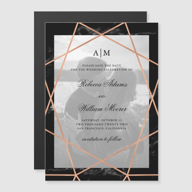 Geometric and Black Marble | Photo Save The Date Magnetic Invitation (Front/Back)