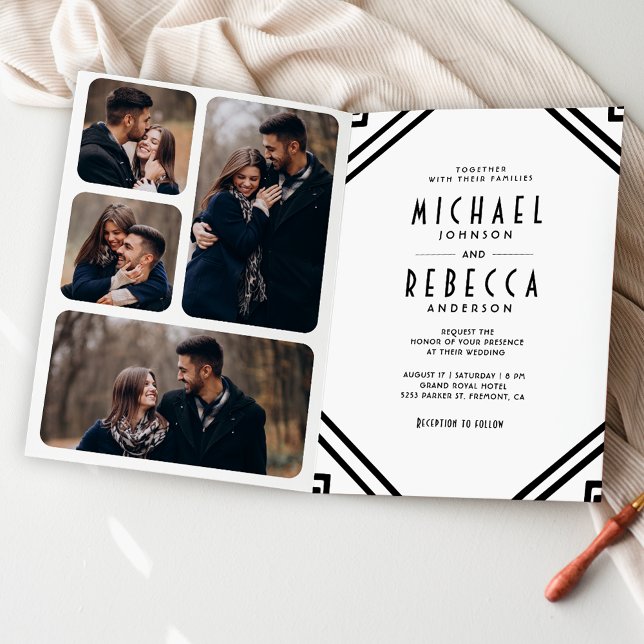 Geometric Art Deco Black and White QR Code Wedding Invitation (Creator Uploaded)
