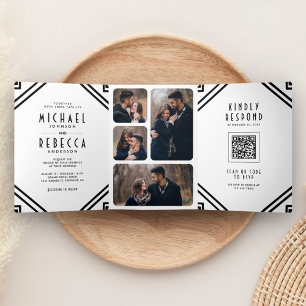 Geometric Art Deco Black and White QR Code Wedding Tri-Fold Invitation
