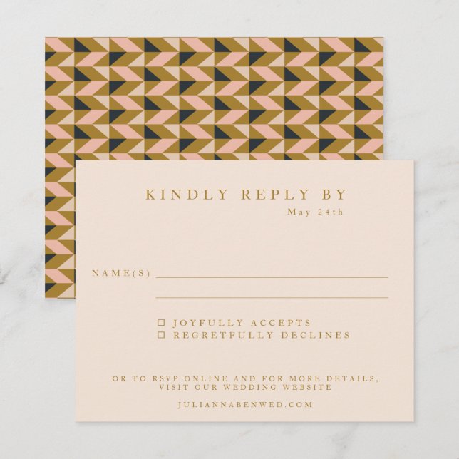 Geometric Art Deco Black Gold Blush Wedding RSVP Card (Front/Back)