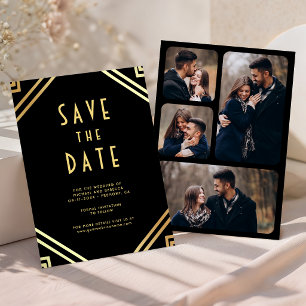Geometric Art Deco Black Gold Photo Wedding Save The Date