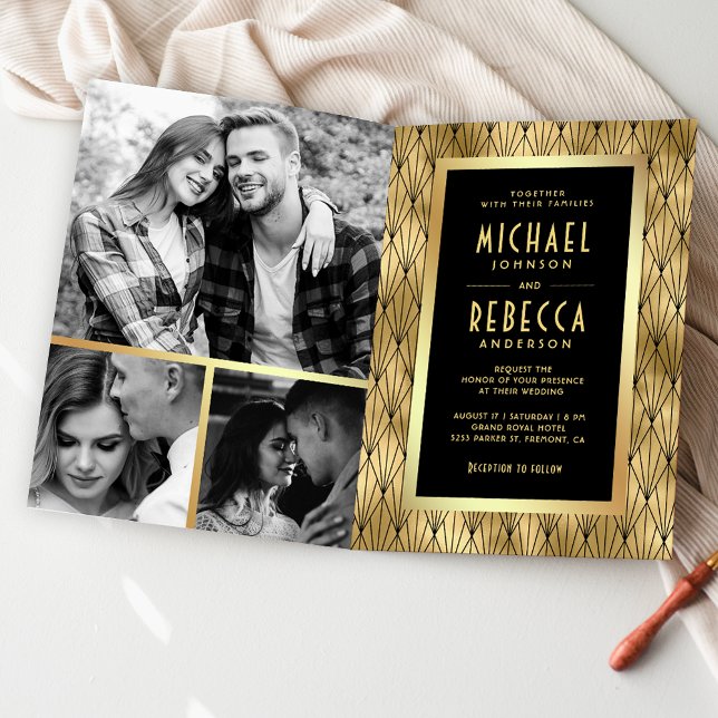Geometric Art Deco Black Gold QR Code Wedding Invitation (Creator Uploaded)