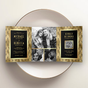 Geometric Art Deco Black Gold QR Code Wedding Tri-Fold Invitation