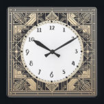 Geometric Art Deco Clock Black cream gold line art<br><div class="desc">art deco clock, art nouveau clock, gold cream white, 1920s square, stylish sophisticated 1920 style, retro vintage antique, old fashioned fancy, faux golden line art, simple minimalist square clock, minimal elegant pattern design</div>