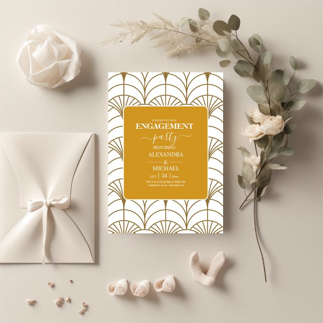 Geometric Art Deco Gold White Gatsby Engagement Invitation (Creator Uploaded)