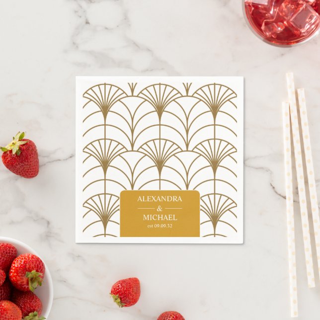 Geometric Art Deco Gold White Gatsby Wedding Napkin (Insitu)