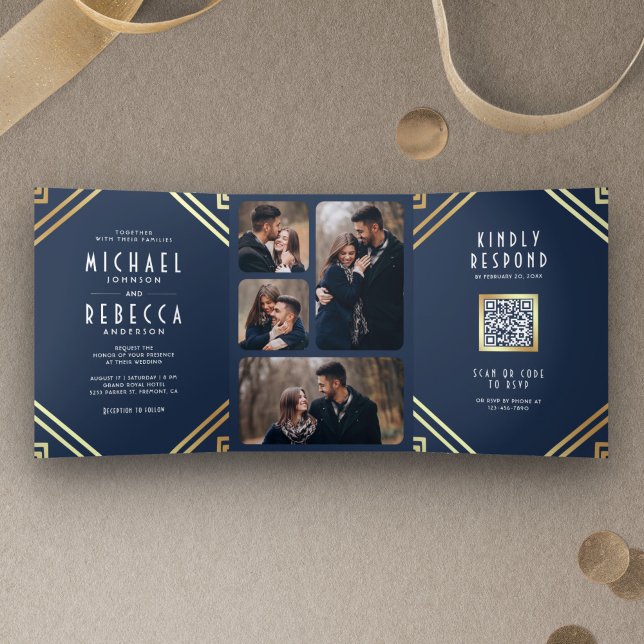 Geometric Art Deco Navy Blue Gold QR Code Wedding Tri-Fold Invitation (Creator Uploaded)