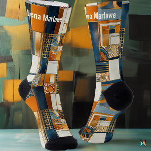 Geometric Art Deco patchwork in Blue and Gold Socks