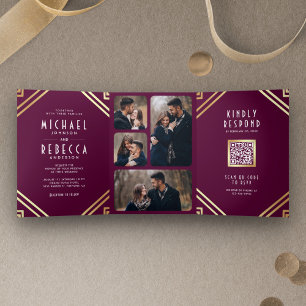 Geometric Art Deco Purple Gold QR Code Wedding Tri-Fold Invitation